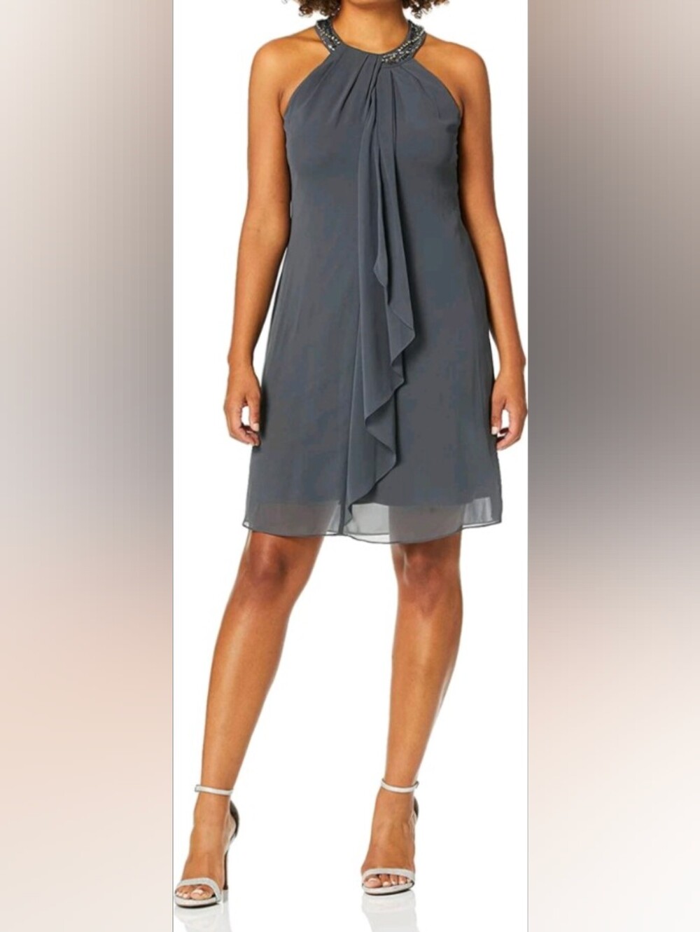 Jewel Neck Halter Cocktail Dress, Size 12, Steel Blue